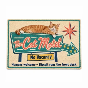 Funny cat doormat – Retro Cat Motel Funny Doormat with an orange tabby and the text "The Cat Motel", "No Vacancy", "Humans welcome – Biscuit runs the front desk", product photo on a white background