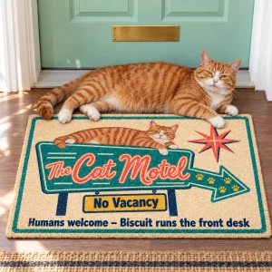 Retro Cat Motel Funny Doormat styled in a lifestyle scene – the doormat in front of a mint-green front door with a brass house number and a potted snake plant on a stand out of reach, bright late-morning light