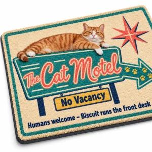 Close-up of the Retro Cat Motel Funny Doormat print showing the cat's fur detail and doormat