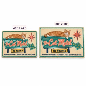 The Retro Cat Motel Funny Doormat in 24" x 16" and 30" x 18" sizes side by side