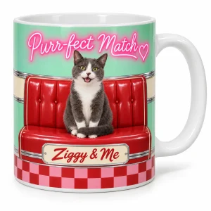 Retro Diner Valentine Cat Mug with a gray-and-white tuxedo cat and the text "Purr-fect Match", "Ziggy & Me", product photo on a white background