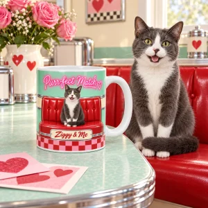 Retro Diner Valentine Cat Mug styled in a lifestyle scene – a retro-styled kitchen nook with a mint table and a vase of pink roses on a high shelf (no lilies or tulips), soft afternoon light, two valentine cards on the table