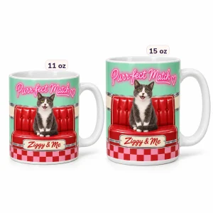 The Retro Diner Valentine Cat Mug in 11 oz and 15 oz sizes side by side