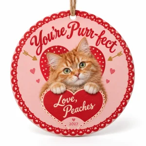 Cat valentine ornament – Retro Valentine Card Cat Ornament with a fluffy orange tabby and the text "You're Purr-fect", "Love, Peaches", "2027", product photo on a white background