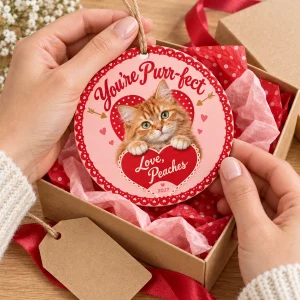 Hands unwrapping the Retro Valentine Card Cat Ornament from a kraft gift box
