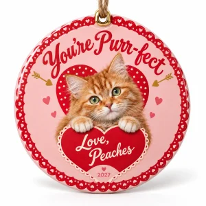 Close-up of the Retro Valentine Card Cat Ornament print showing the cat's fur detail and the glossy porcelain