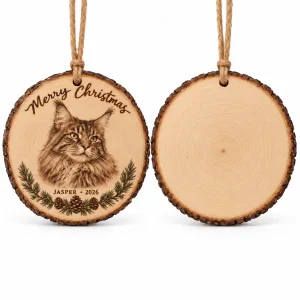 Front and back of the Rustic Woodburned Cat Portrait Ornament