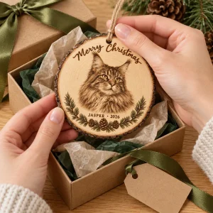 Hands unwrapping the Rustic Woodburned Cat Portrait Ornament from a kraft gift box