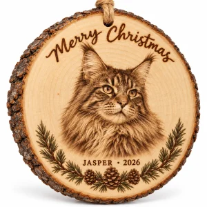 Close-up of the Rustic Woodburned Cat Portrait Ornament print showing the cat's fur detail and wood slice ornament