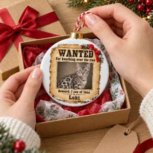 Hands unwrapping the Santa's Most Wanted Cat Ornament from a kraft gift box