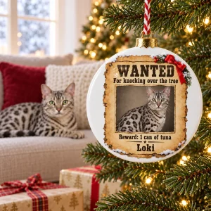 Santa's Most Wanted Cat Ornament styled in a lifestyle scene – hanging on a slightly tilted Christmas tree with one fallen bauble on the floor (playful), warm lights