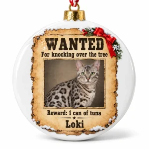 Close-up of the Santa's Most Wanted Cat Ornament print showing the cat's fur detail and the glossy porcelain
