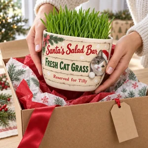 Hands unwrapping the Santa's Salad Bar Christmas Cat Planter from a kraft gift box