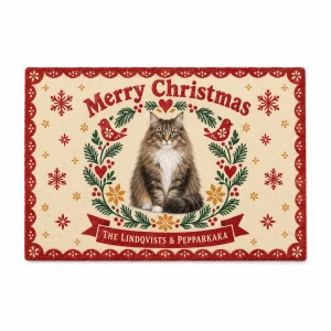 Scandinavian Folk Christmas Cat Doormat with a Norwegian Forest Cat, long brown-tabby coat and the text "Merry Christmas", "The Lindqvists & Pepparkaka", product photo on a white background