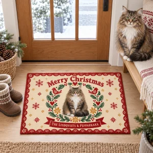 Scandinavian Folk Christmas Cat Doormat styled in a lifestyle scene – the doormat inside a front entry on light oak floorboards, a pair of wool boots and a wicker basket of pinecones beside it, soft winter daylight from the door glass