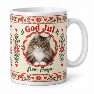 Scandinavian christmas cat mug – Scandinavian Folk Christmas Cat Mug with a Norwegian Forest cat, brown tabby and the text "God Jul", "from Freya", product photo on a white background