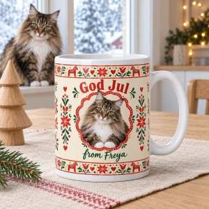 Scandinavian Folk Christmas Cat Mug styled in a lifestyle scene – a Nordic-style Christmas breakfast table with a linen runner, a small wooden tree figurine and warm string lights in the background, snowy window light