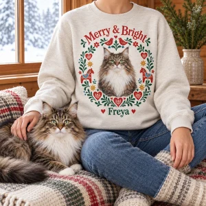 Scandinavian Folk Christmas Cat Sweatshirt styled in a lifestyle scene – a woman in the cream sweatshirt sits by a cabin window with a wool throw, a wooden folk-painted tray with tea on a side table, snowy light outside