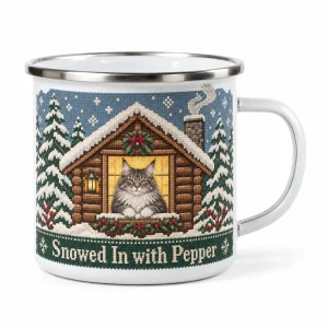 Cat enamel camp mug – Snowy Cabin Cat Enamel Mug with a gray-and-white Maine Coon and the text "Snowed In with Pepper", product photo on a white background