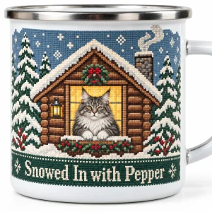 Close-up of the Snowy Cabin Cat Enamel Mug print showing the cat's fur detail and enamel camp mug