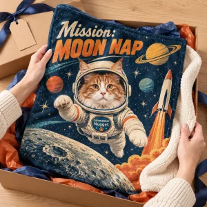 Hands unwrapping the Space Cat Mission Blanket from a kraft gift box