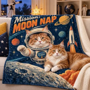 Space Cat Mission Blanket styled in a lifestyle scene – a kid-friendly family room with a telescope by the window and a star lamp (not lit candles), soft evening light