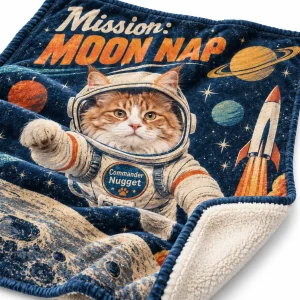 Close-up of the Space Cat Mission Blanket print showing the cat's fur detail and the plush fleece
