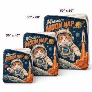 The Space Cat Mission Blanket in 30" x 40" and 50" x 60" and 60" x 80" sizes side by side