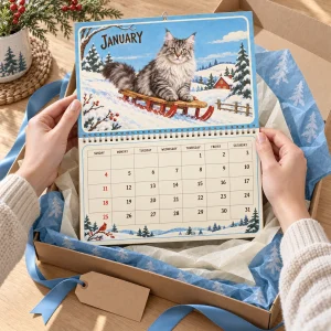 Hands unwrapping the Storybook Seasons Cat Photo Calendar from a kraft gift box