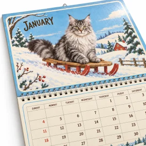 Close-up of the Storybook Seasons Cat Photo Calendar print showing the cat's fur detail and wall calendar