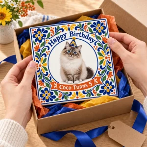 Hands unwrapping the Talavera Cat Birthday Ceramic Tile from a kraft gift box