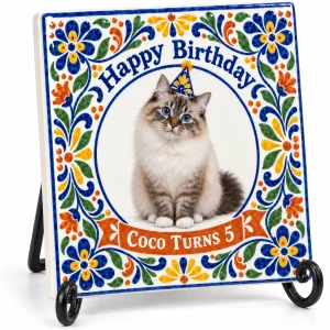 Close-up of the Talavera Cat Birthday Ceramic Tile print showing the cat's fur detail and ceramic photo tile