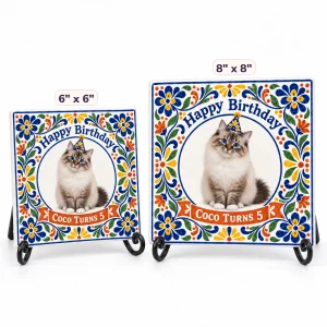 The Talavera Cat Birthday Ceramic Tile in 6" x 6" and 8" x 8" sizes side by side