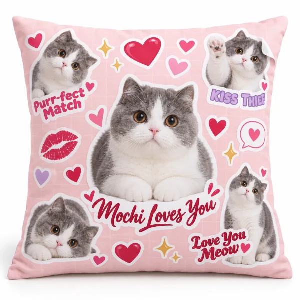 Valentine's Day cat pillow – Valentine Sticker Sheet Cat Pillow with a gray-and-white Scottish Straight and the text "Purr-fect Match", "Love You Meow", "Kiss Thief", product photo on a white background