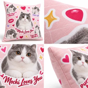 Close-up of the Valentine Sticker Sheet Cat Pillow print showing the cat's fur detail and the flannel texture
