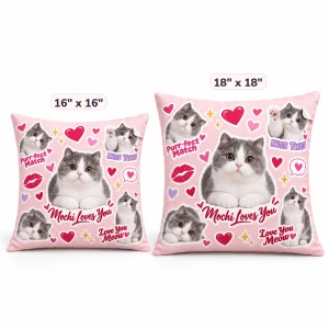 The Valentine Sticker Sheet Cat Pillow in 16" x 16" and 18" x 18" sizes side by side