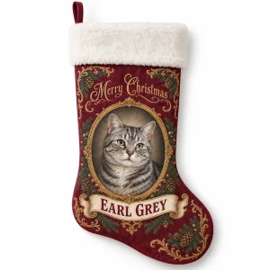 Personalized cat stocking – Victorian Christmas Card Cat Stocking with a senior silver tabby and the text "Merry Christmas", "Earl Grey", product photo on a white background