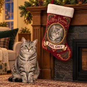 Victorian Christmas Card Cat Stocking styled in a lifestyle scene – the stocking hanging from a wooden mantel with evergreen garland (no candles), soft warm evening light