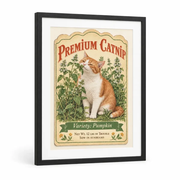 Custom cat art print – Vintage Catnip Seed Packet Art Print with a ginger-and-white bicolor cat and the text "Premium Catnip", "Variety: Pumpkin", "Net Wt. 12 lbs of Trouble", product photo on a white background