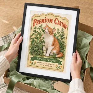 Hands unwrapping the Vintage Catnip Seed Packet Art Print from a kraft gift box