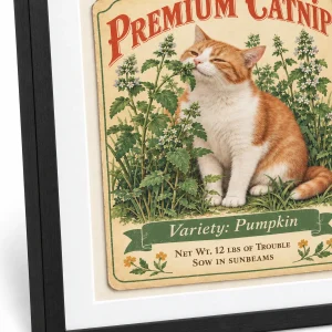 Close-up of the Vintage Catnip Seed Packet Art Print print showing the cat's fur detail and framed print