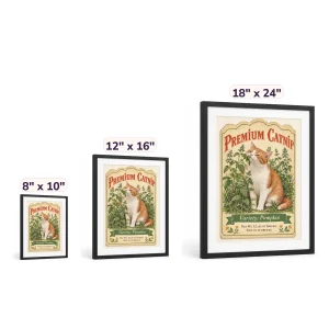 The Vintage Catnip Seed Packet Art Print in 8" x 10" and 12" x 16" and 18" x 24" sizes side by side