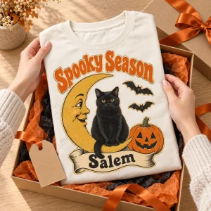 Hands unwrapping the Vintage Die-Cut Halloween Black Cat T-Shirt from a kraft gift box