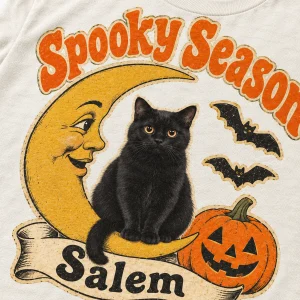 Close-up of the Vintage Die-Cut Halloween Black Cat T-Shirt print showing the cat's fur detail and the cotton texture