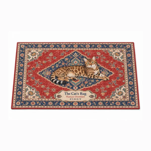 Personalized cat rug – Vintage Persian Medallion Cat Rug with a brown-spotted Bengal and the text "The Cat's Rug", "Humans Permitted", "Ziggy", product photo on a white background