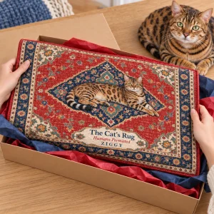 Hands unwrapping the Vintage Persian Medallion Cat Rug from a kraft gift box