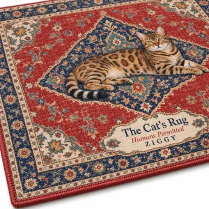 Close-up of the Vintage Persian Medallion Cat Rug print showing the cat's fur detail and area rug