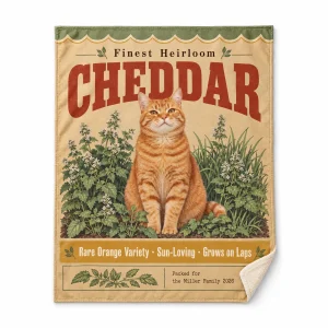 Cat lover throw blanket – Vintage Seed Packet Cat Blanket with an orange tabby and the text "Finest Heirloom", "CHEDDAR", "Rare Orange Variety · Sun-Loving · Grows on Laps", product photo on a white background