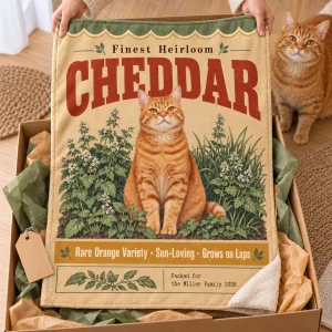 Hands unwrapping the Vintage Seed Packet Cat Blanket from a kraft gift box