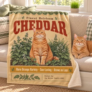 Vintage Seed Packet Cat Blanket styled in a lifestyle scene – the blanket spread on a sunny reading nook bench next to pots of cat grass and a watering can, warm afternoon light